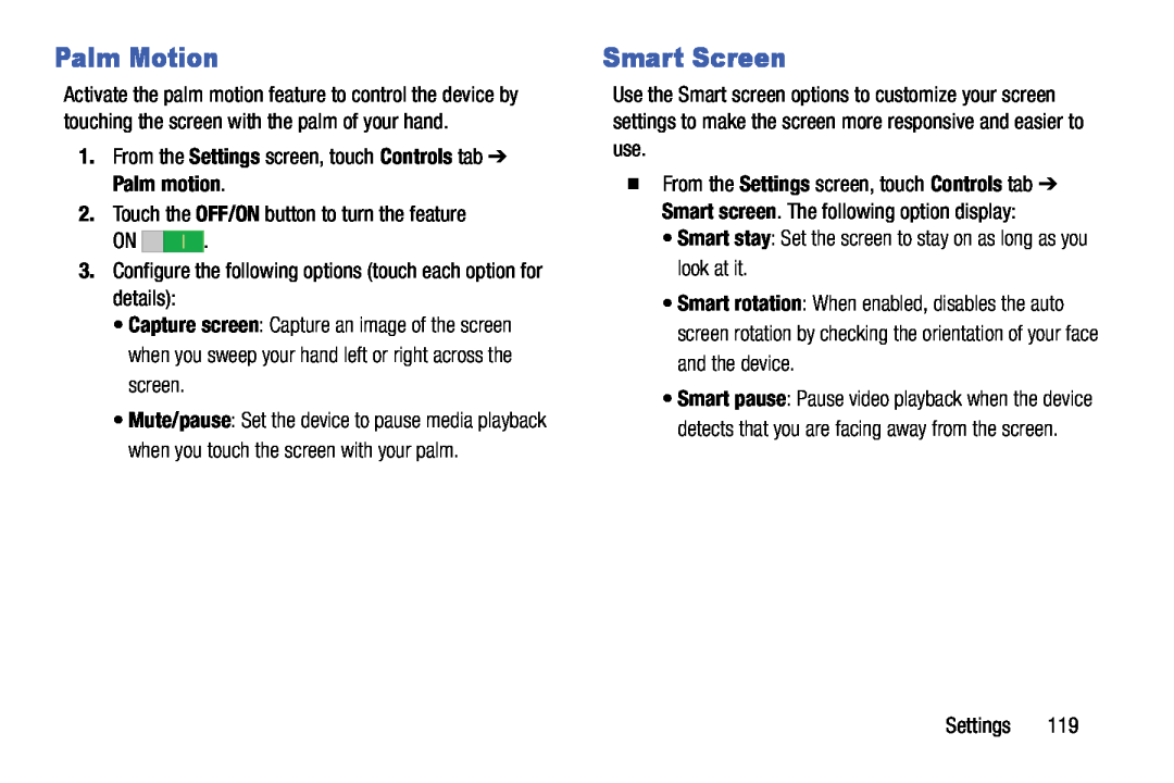 Samsung SM-T9000ZWAXAR user manual Palm Motion, Smart Screen 