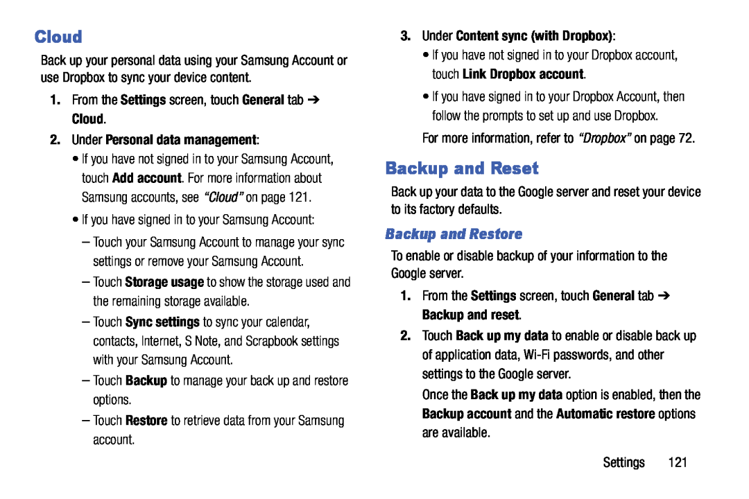 Samsung SM-T9000ZWAXAR user manual Cloud, Backup and Reset, Backup and Restore, Under Personal data management 