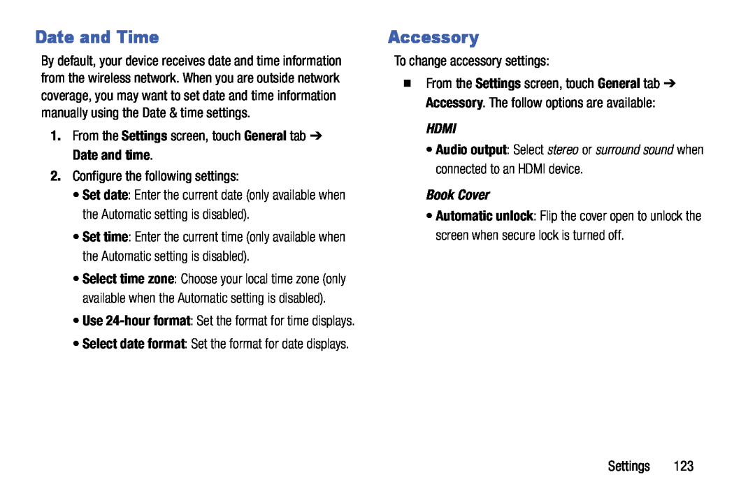 Samsung SM-T9000ZWAXAR user manual Date and Time, Accessory, Hdmi, Book Cover 