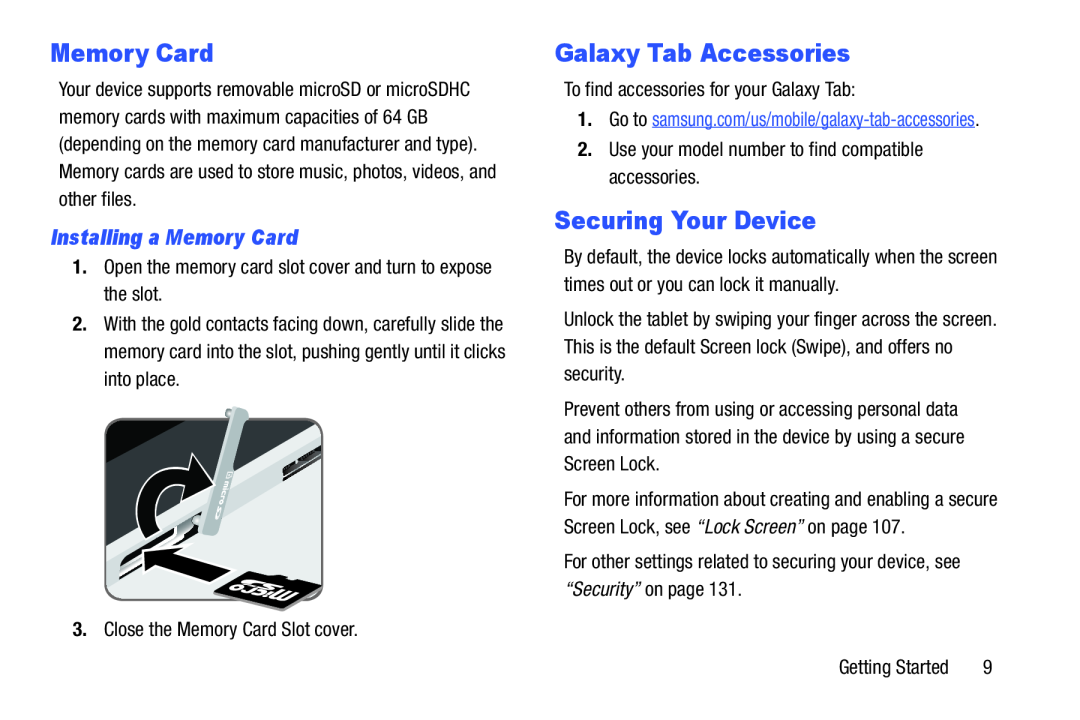 Samsung SM-T9000ZWAXAR user manual Galaxy Tab Accessories, Securing Your Device, Installing a Memory Card 