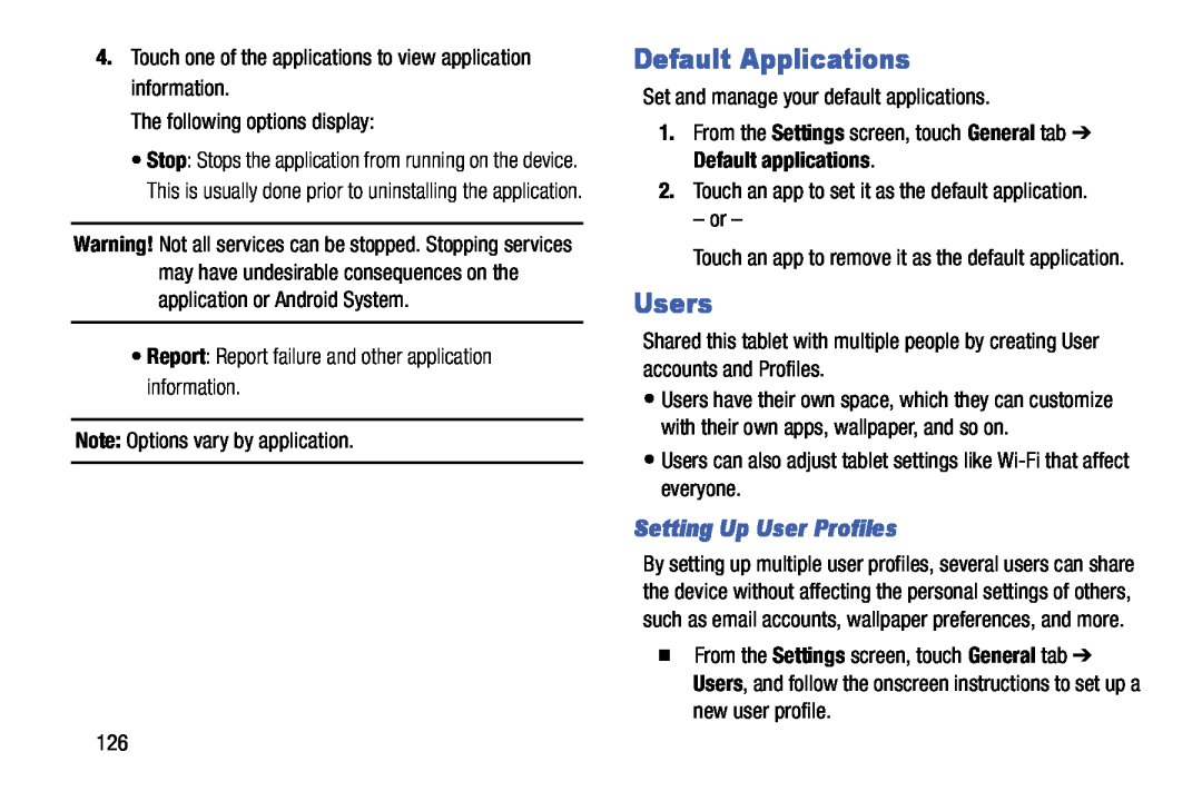 Samsung SM-T9000ZWAXAR user manual Default Applications, Users, Setting Up User Profiles 