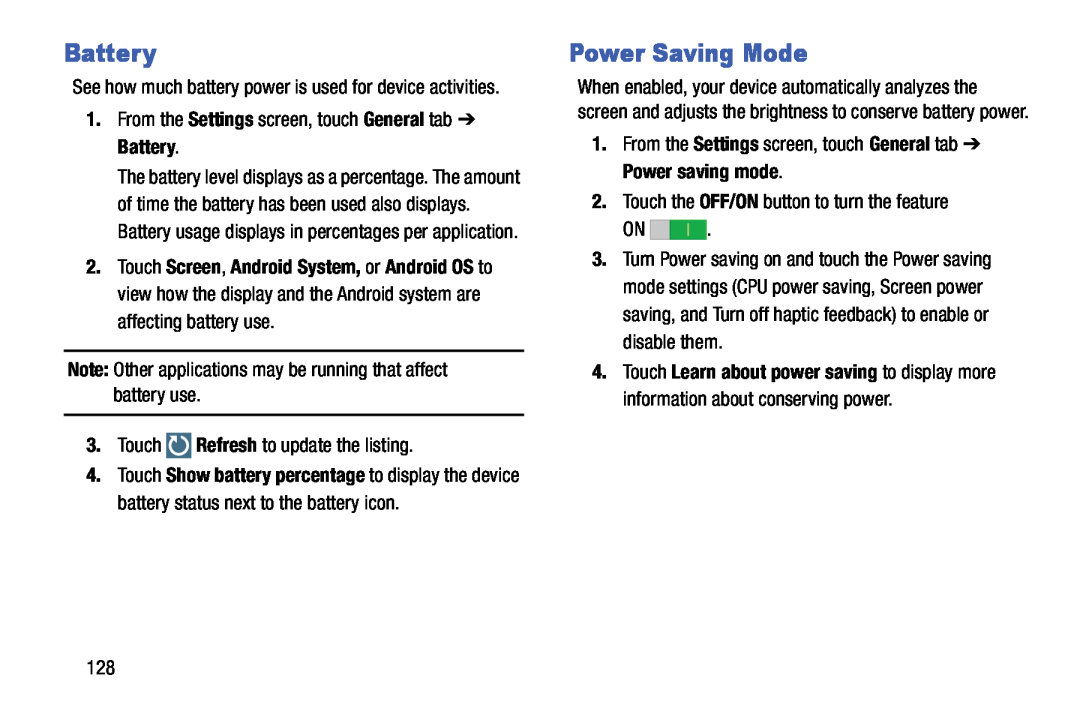 Samsung SM-T9000ZWAXAR user manual Power Saving Mode, Battery, See how much battery power is used for device activities 