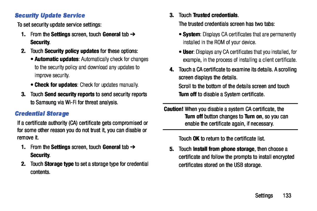 Samsung SM-T9000ZWAXAR user manual Security Update Service, Credential Storage, Touch Trusted credentials 