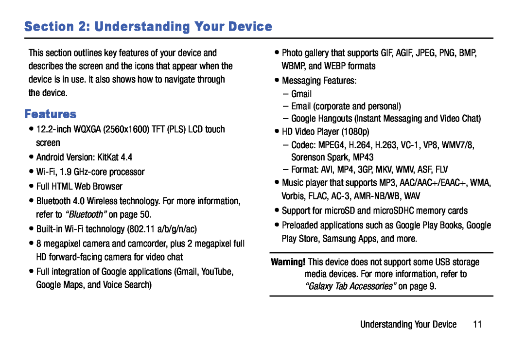 Samsung SM-T9000ZWAXAR user manual Understanding Your Device, Features 