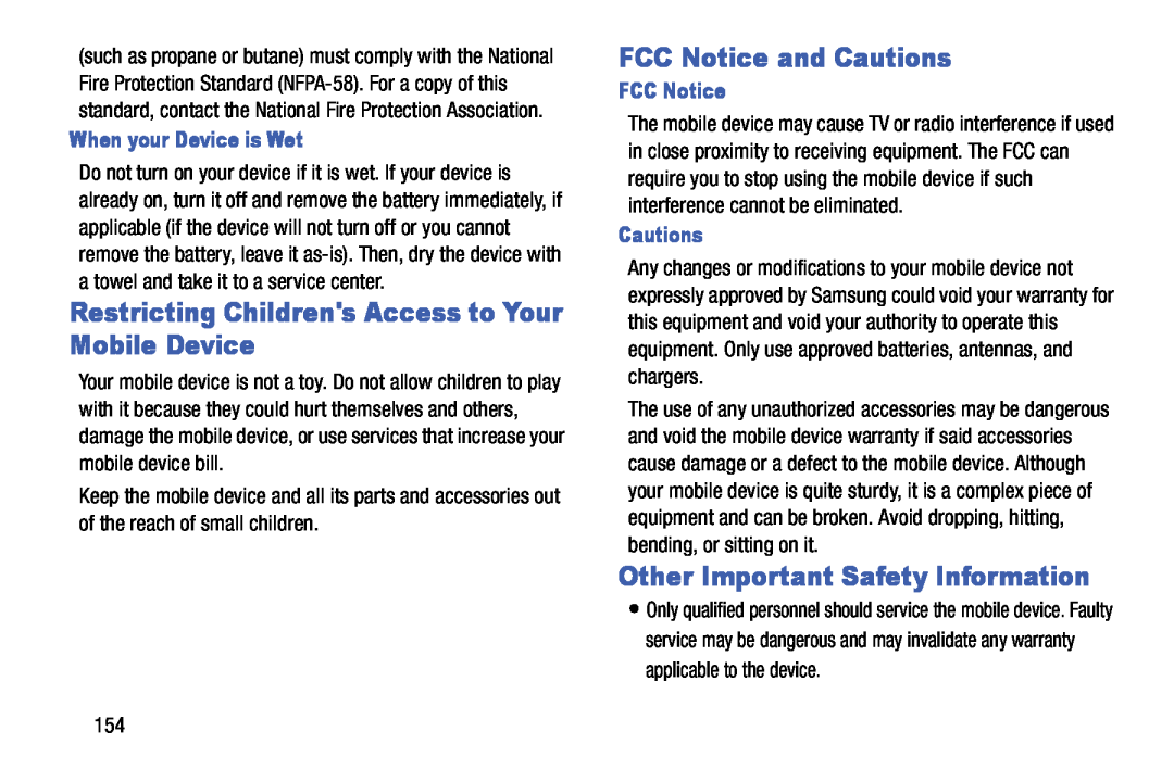 Samsung SM-T900 Restricting Childrens Access to Your Mobile Device, FCC Notice and Cautions, When your Device is Wet 