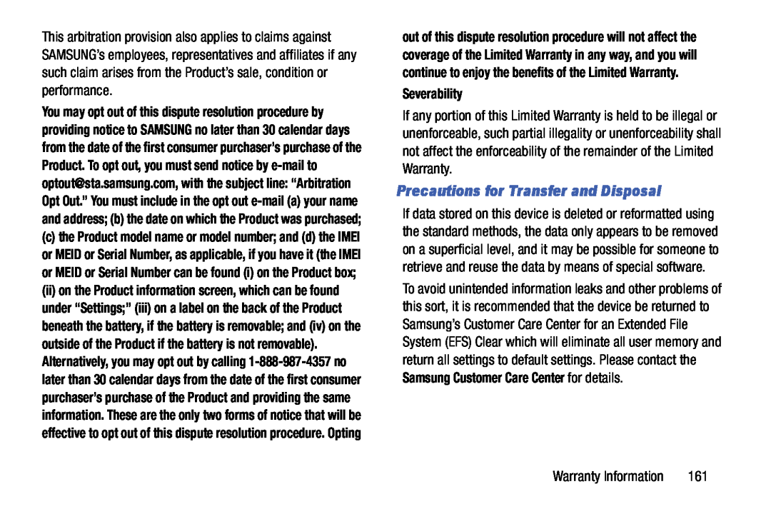 Samsung SM-T9000ZWAXAR user manual Precautions for Transfer and Disposal, Severability 