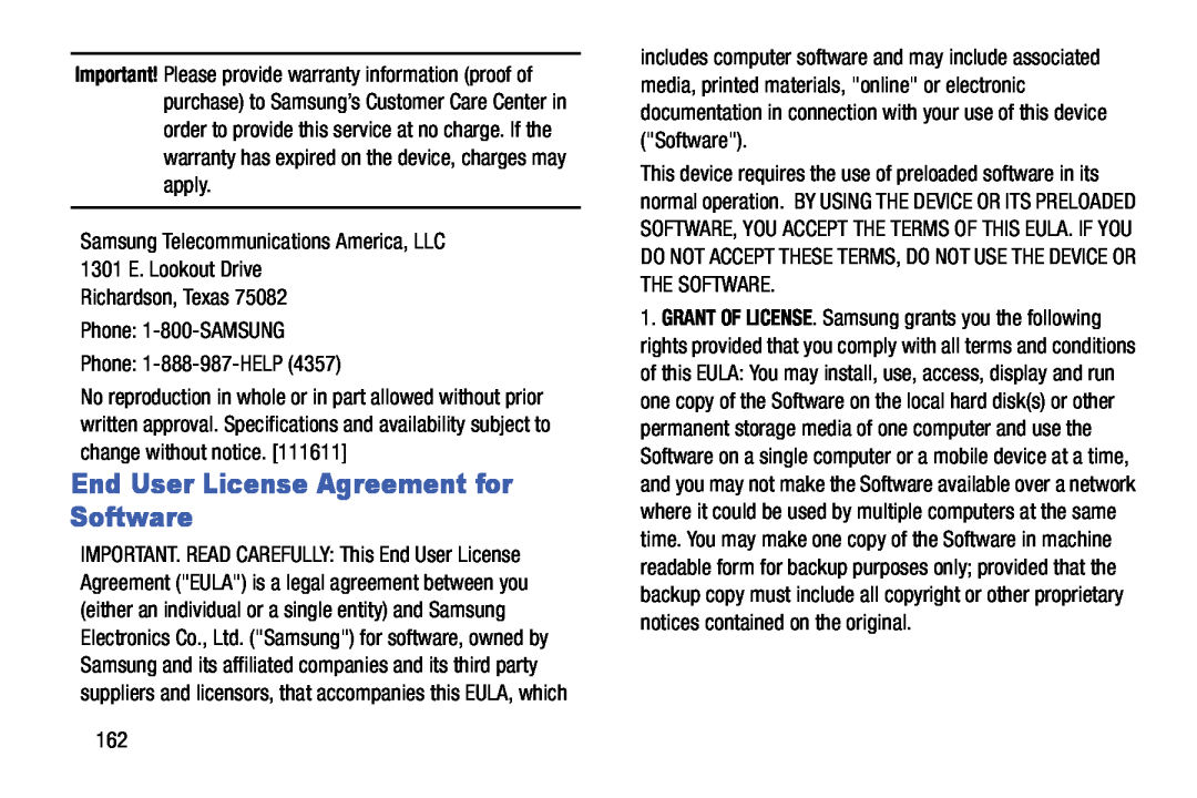 Samsung SM-T900 End User License Agreement for Software, Samsung Telecommunications America, LLC 1301 E. Lookout Drive 