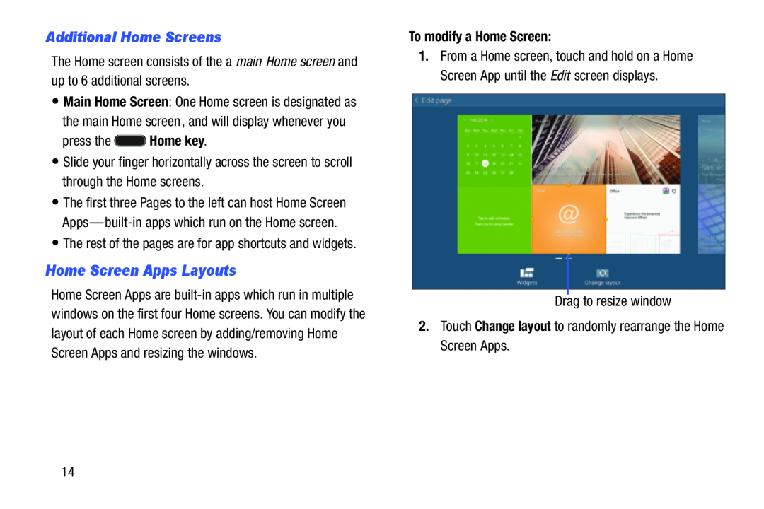 Samsung SM-T9000ZWAXAR user manual Additional Home Screens, Home Screen Apps Layouts, To modify a Home Screen 