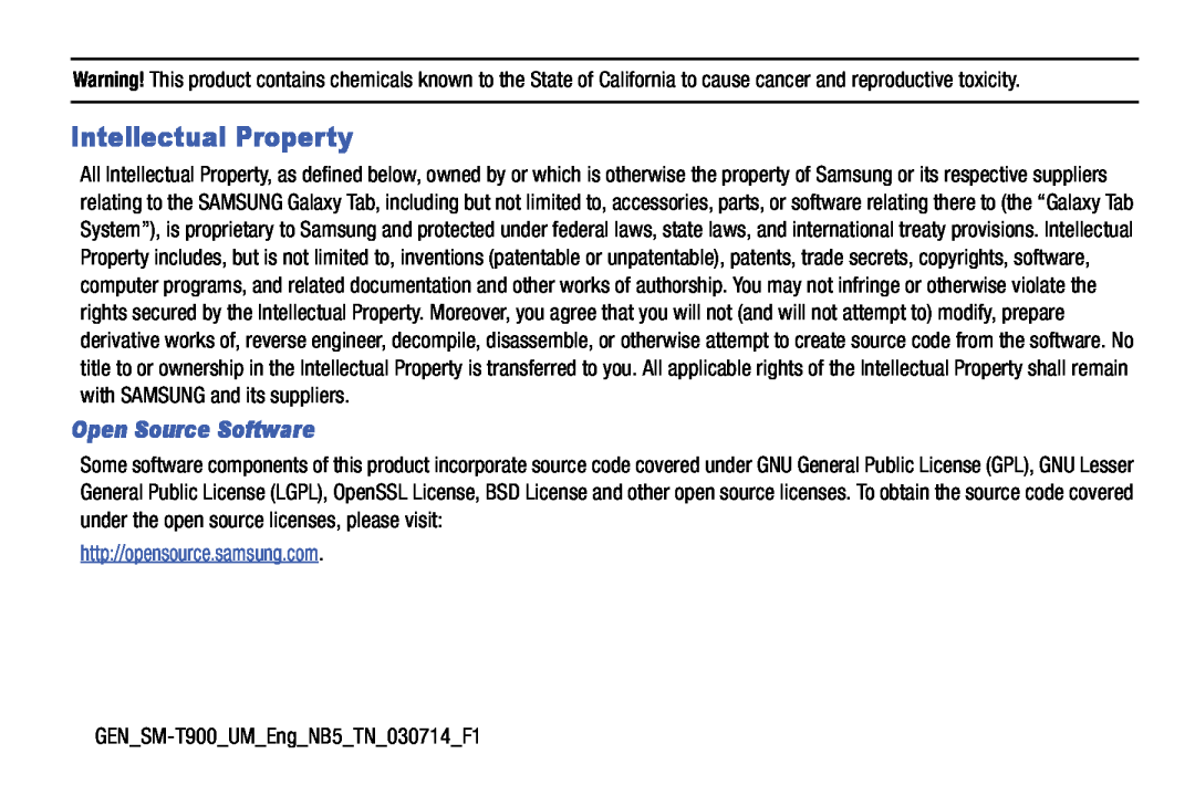 Samsung SM-T9000ZWAXAR user manual Intellectual Property, Open Source Software, http//opensource.samsung.com 