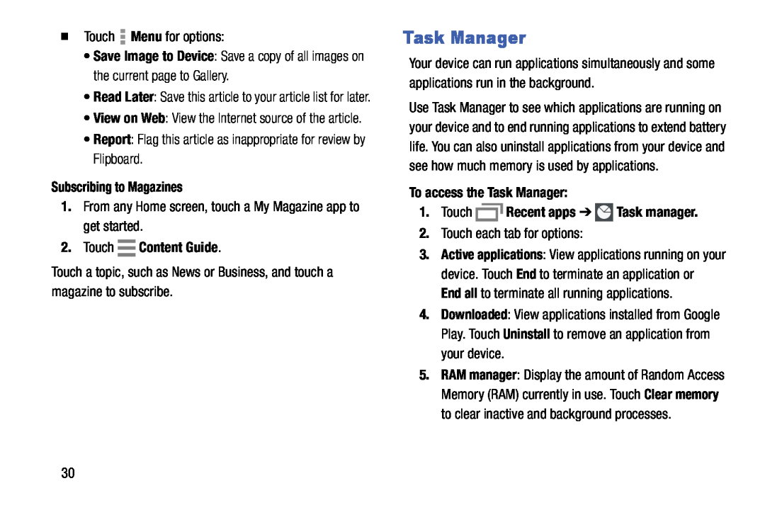 Samsung SM-T9000ZWAXAR user manual Task Manager, Subscribing to Magazines, Touch Content Guide 