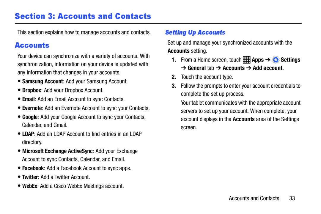 Samsung SM-T9000ZWAXAR user manual Accounts and Contacts, Setting Up Accounts, General tab Accounts Add account 