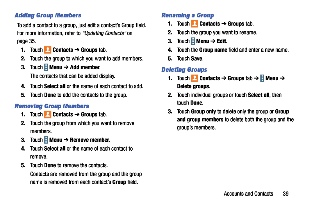 Samsung SM-T9000ZWAXAR Adding Group Members, Removing Group Members, Renaming a Group, Deleting Groups, Touch Menu Edit 