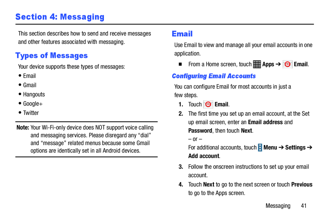 Samsung SM-T9000ZWAXAR user manual Messaging, Types of Messages, Configuring Email Accounts, Apps 