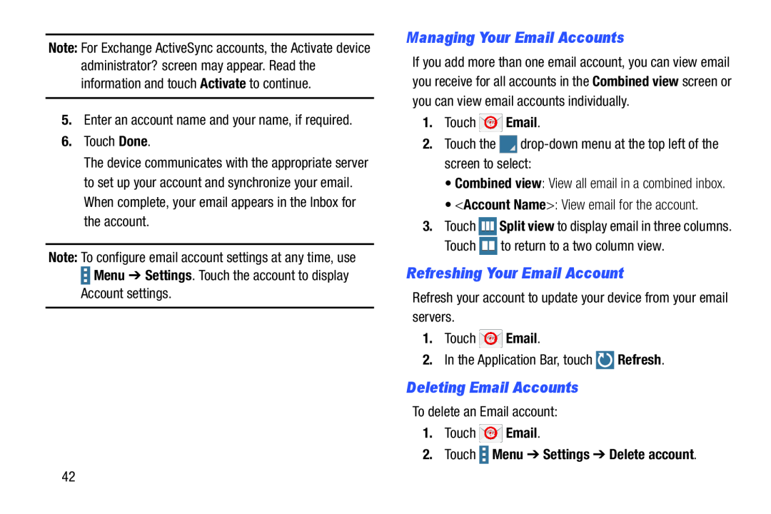 Samsung SM-T9000ZWAXAR user manual Managing Your Email Accounts, Refreshing Your Email Account, Deleting Email Accounts 