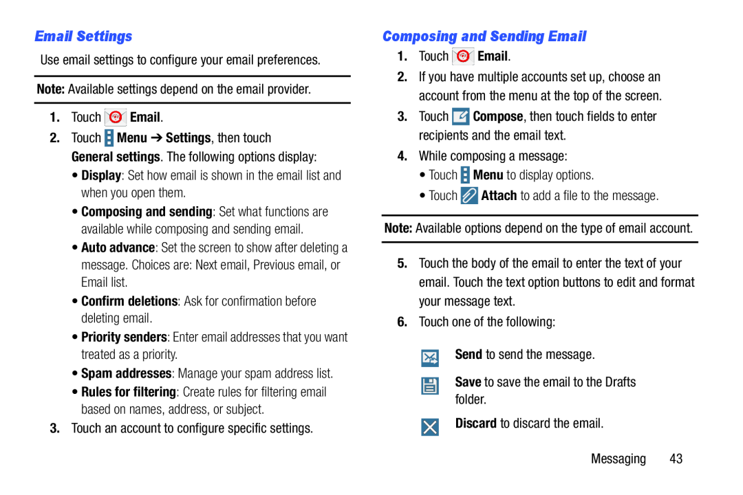Samsung SM-T9000ZWAXAR user manual Email Settings, Composing and Sending Email 