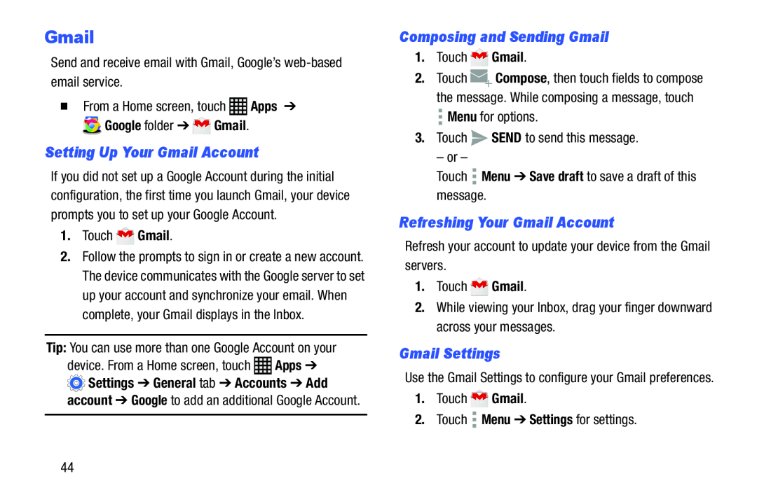 Samsung SM-T900 user manual Setting Up Your Gmail Account, Composing and Sending Gmail, Refreshing Your Gmail Account 