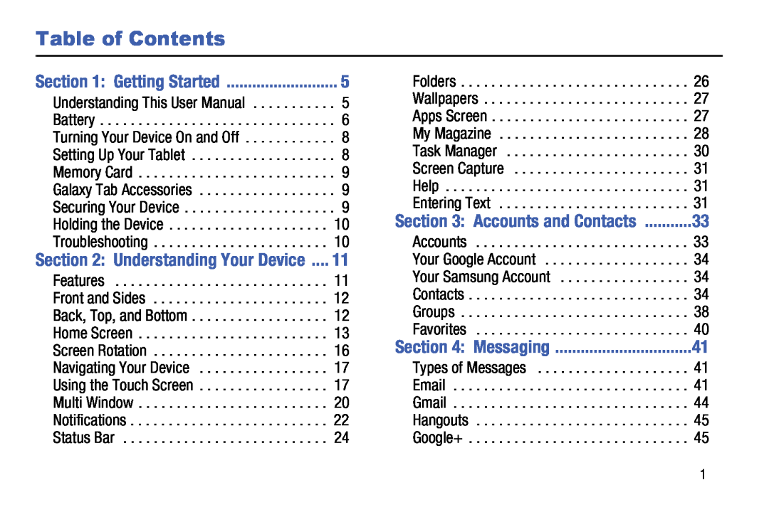 Samsung SM-T9000ZWAXAR user manual Table of Contents, Getting Started, Messaging 