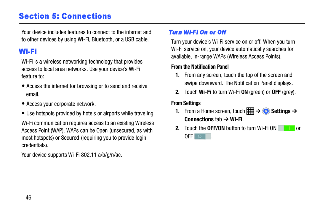 Samsung SM-T9000ZWAXAR user manual Connections, Turn Wi-Fi On or Off, From the Notification Panel, From Settings 