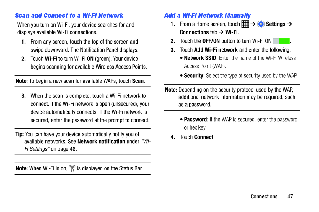 Samsung SM-T9000ZWAXAR user manual Scan and Connect to a Wi-Fi Network, Add a Wi-Fi Network Manually, Connections tab Wi-Fi 