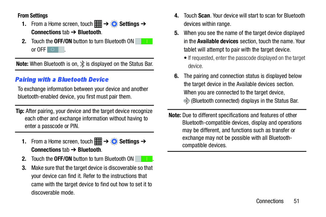 Samsung SM-T9000ZWAXAR user manual Pairing with a Bluetooth Device, From Settings, Connections tab Bluetooth 