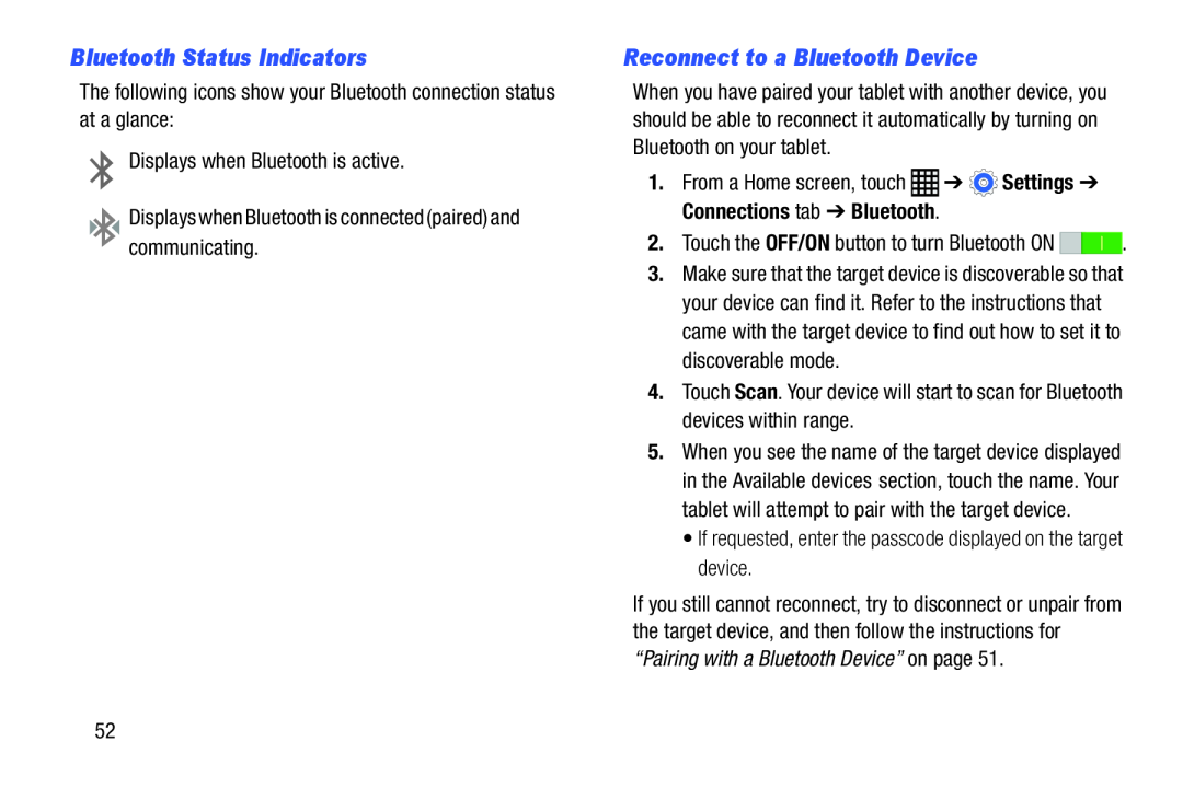 Samsung SM-T9000ZWAXAR user manual Bluetooth Status Indicators, Reconnect to a Bluetooth Device 