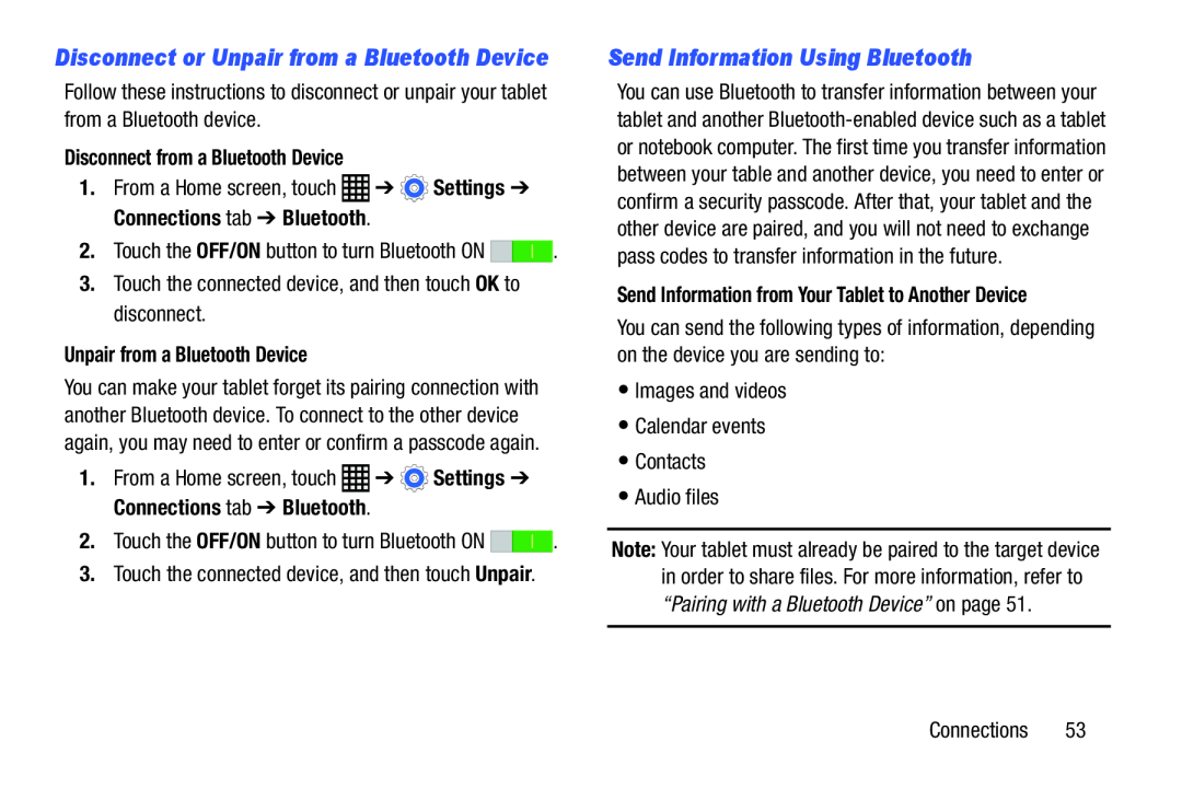 Samsung SM-T9000ZWAXAR user manual Send Information Using Bluetooth, Disconnect from a Bluetooth Device 
