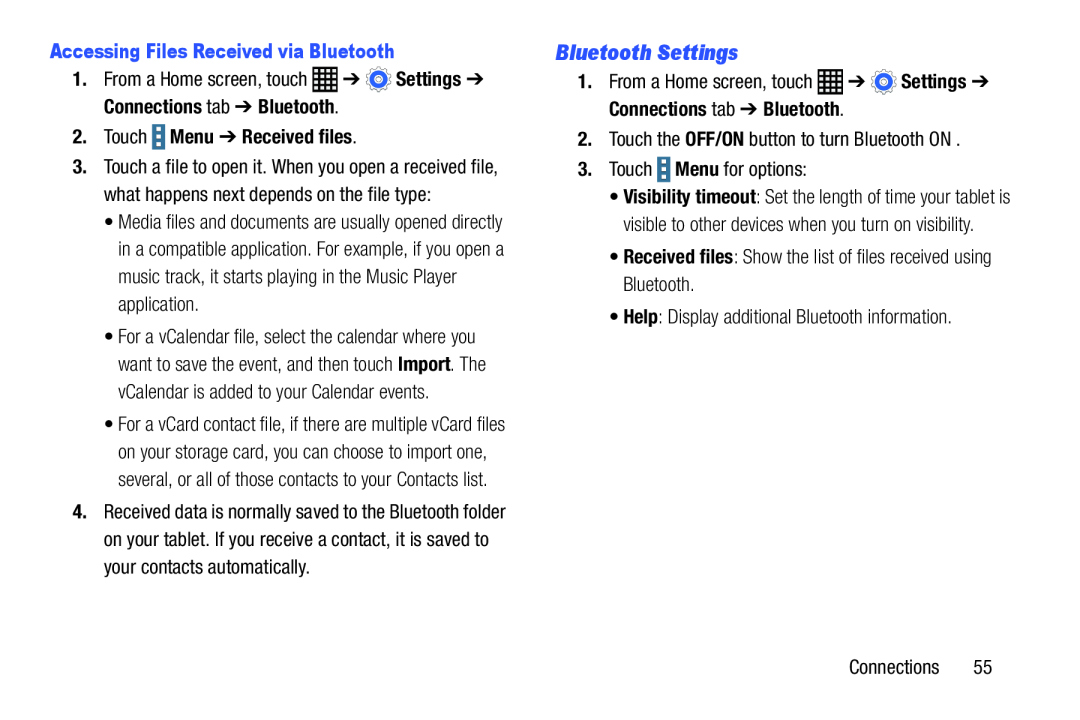 Samsung SM-T9000ZWAXAR user manual Bluetooth Settings, Accessing Files Received via Bluetooth, Touch Menu Received files 