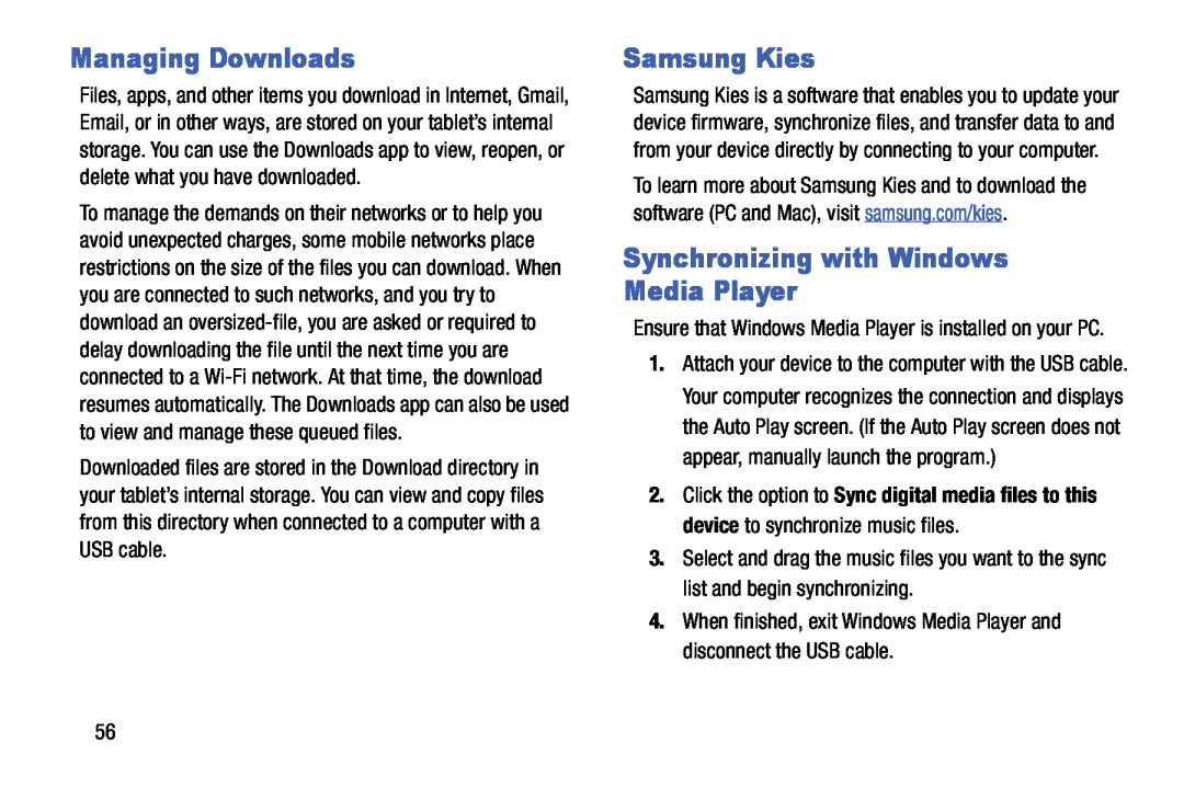 Samsung SM-T9000ZWAXAR user manual Managing Downloads, Samsung Kies, Synchronizing with Windows Media Player 