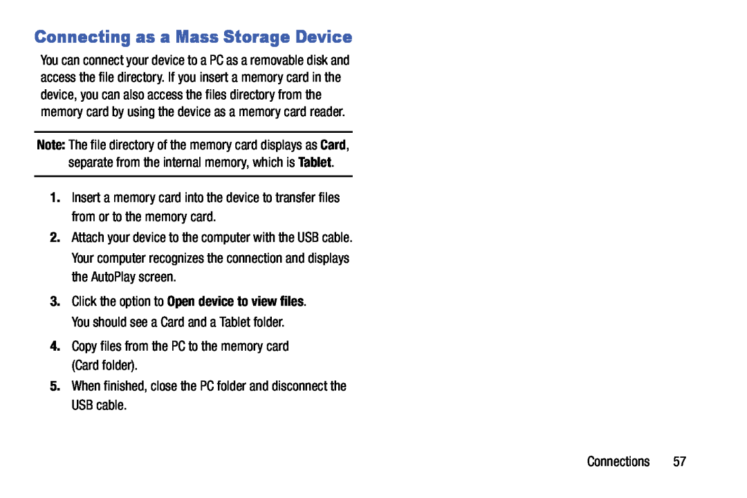 Samsung SM-T9000ZWAXAR user manual Connecting as a Mass Storage Device 
