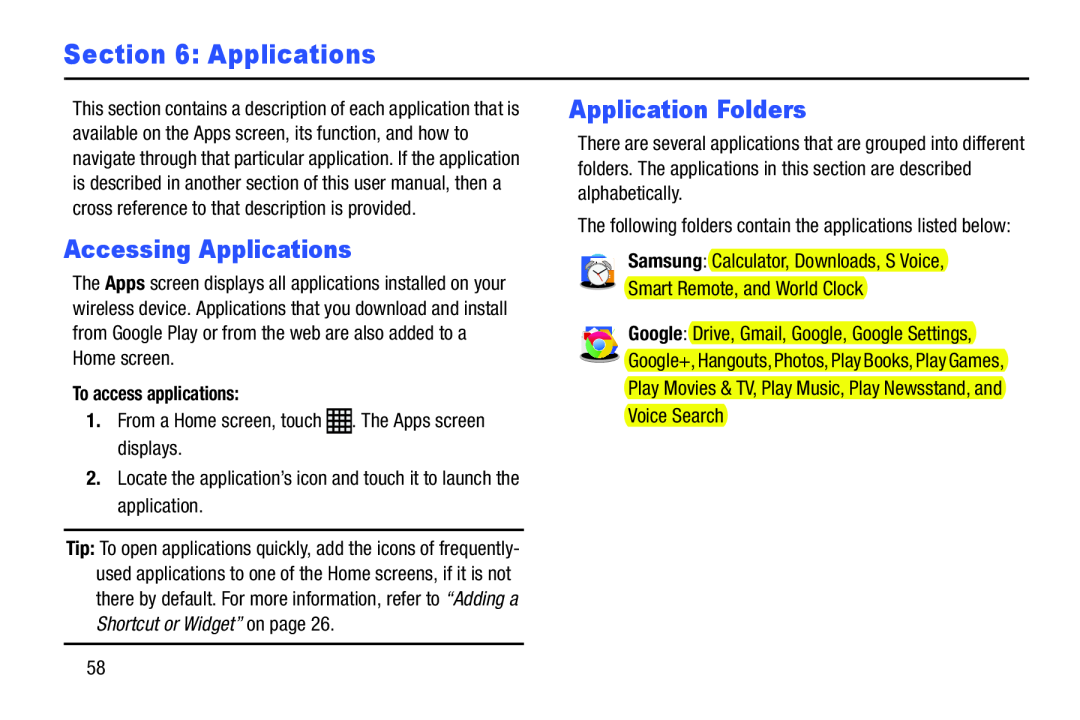 Samsung SM-T9000ZWAXAR user manual Accessing Applications, Application Folders, To access applications 