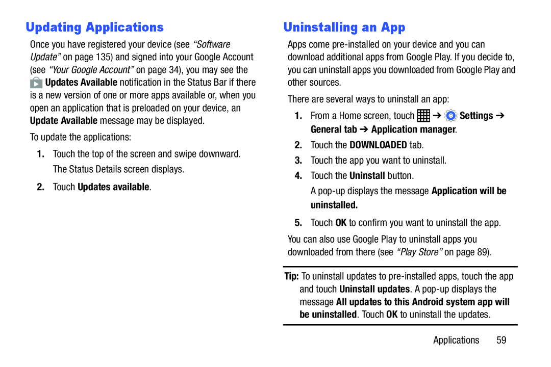 Samsung SM-T9000ZWAXAR user manual Updating Applications, Uninstalling an App, Touch Updates available 