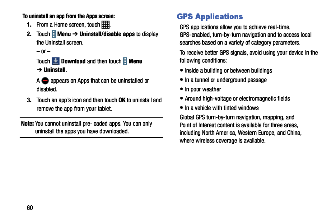 Samsung SM-T9000ZWAXAR user manual GPS Applications, To uninstall an app from the Apps screen, Touch, Uninstall 
