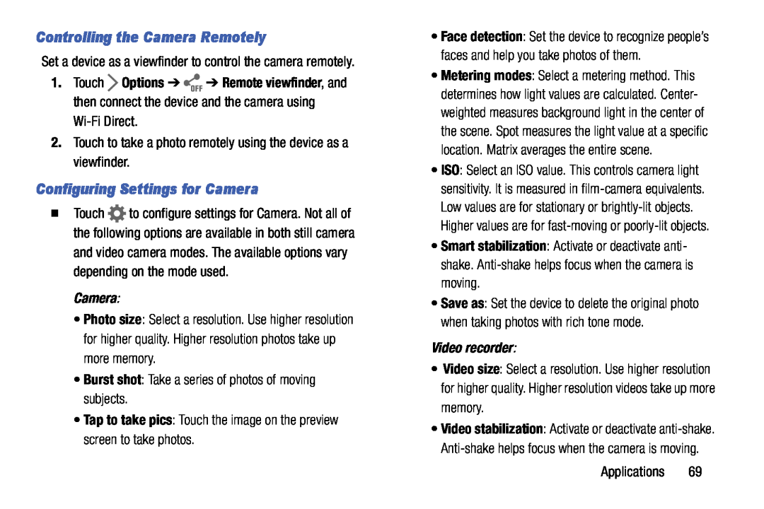 Samsung SM-T9000ZWAXAR user manual Controlling the Camera Remotely, Configuring Settings for Camera, Video recorder 