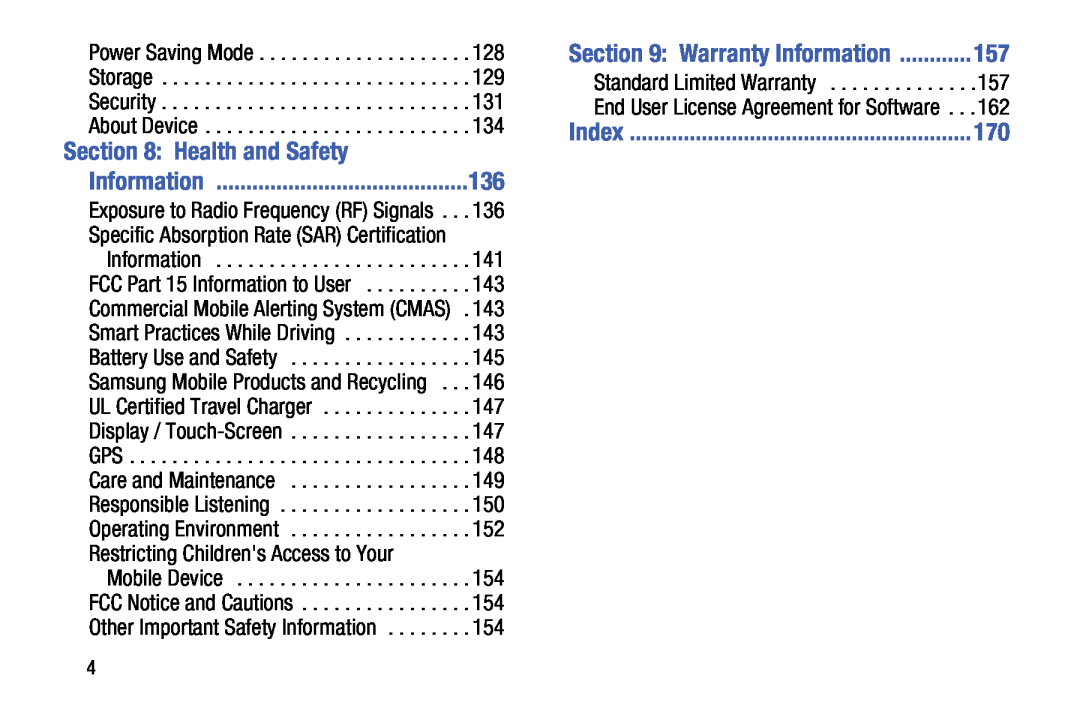 Samsung SM-T9000ZWAXAR user manual Health and Safety, Index, Warranty Information, Standard Limited Warranty 