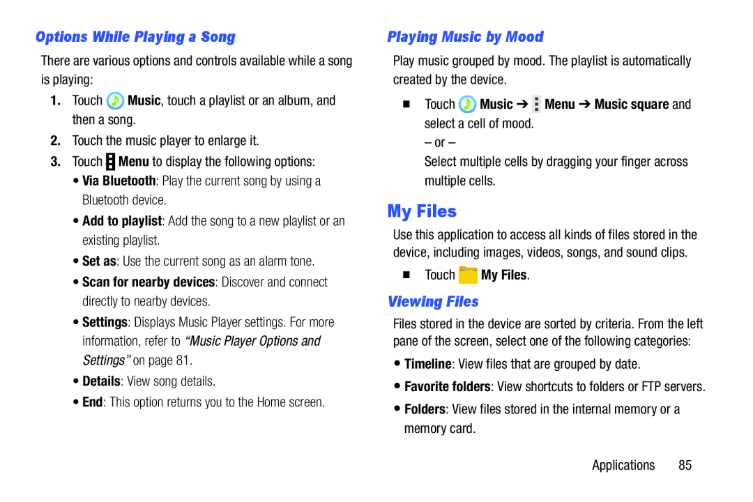 Samsung SM-T9000ZWAXAR user manual Options While Playing a Song, Playing Music by Mood, Viewing Files,  Touch My Files 