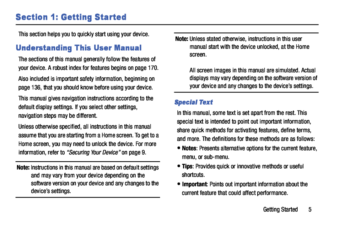 Samsung SM-T9000ZWAXAR user manual Getting Started, Understanding This User Manual, Special Text 