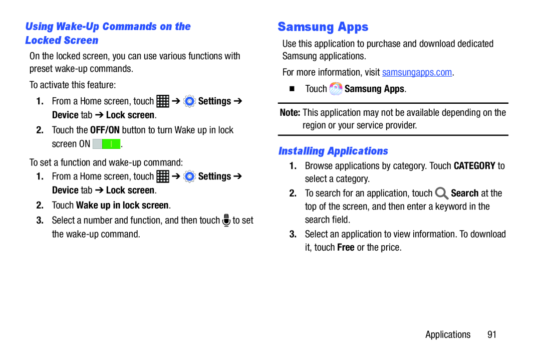 Samsung SM-T9000ZWAXAR user manual Samsung Apps, Using Wake-Up Commands on the Locked Screen, Installing Applications 