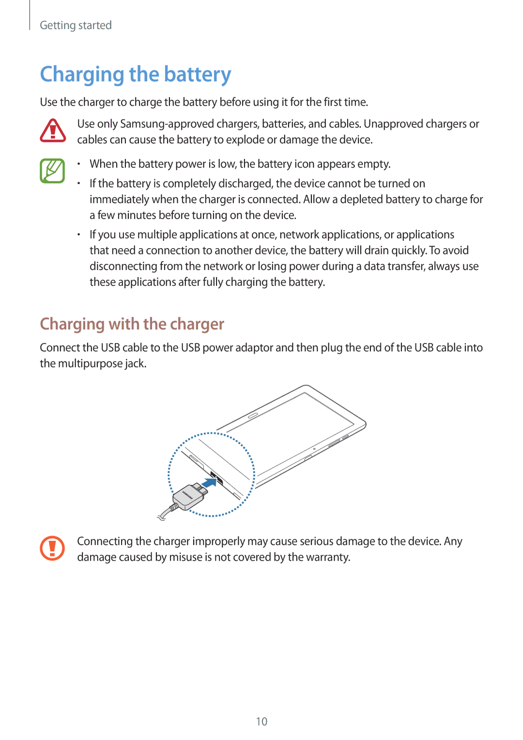 Samsung SM-T9000ZKAILO, SM-T9000ZWAILO manual Charging the battery, Charging with the charger 