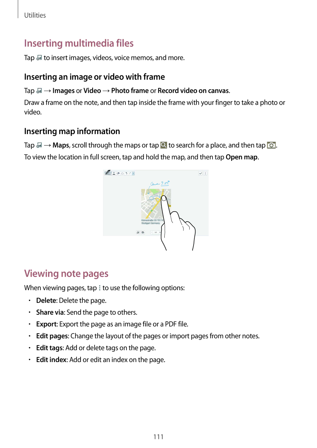 Samsung SM-T9000ZWAILO manual Inserting multimedia files, Viewing note pages, Inserting an image or video with frame 