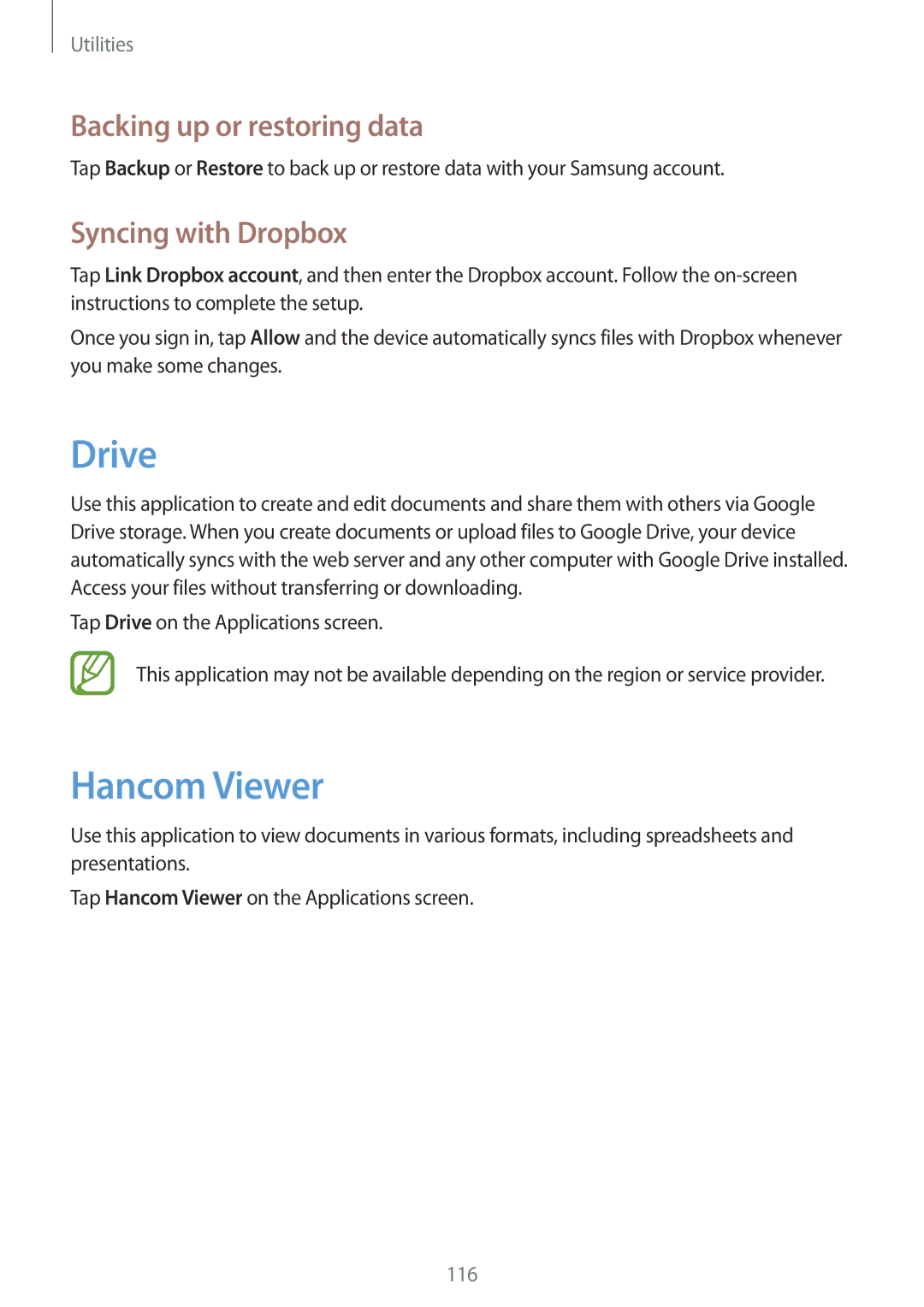 Samsung SM-T9000ZKAILO, SM-T9000ZWAILO manual Drive, Hancom Viewer, Backing up or restoring data, Syncing with Dropbox 