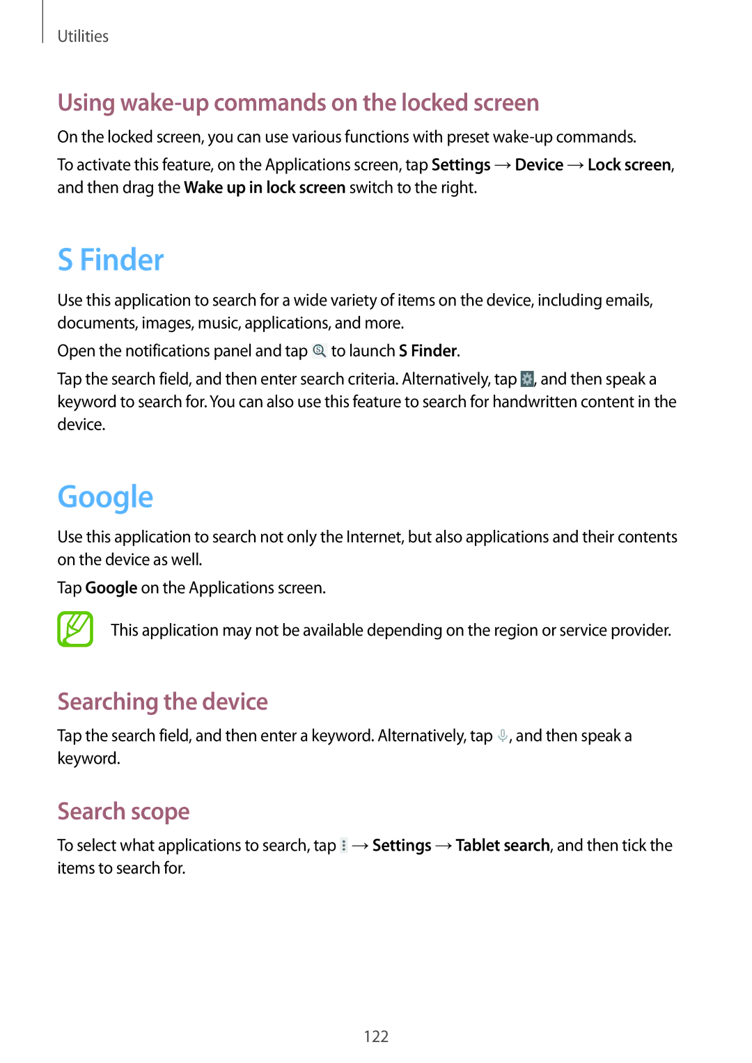 Samsung SM-T9000ZKAILO Finder, Google, Using wake-up commands on the locked screen, Searching the device, Search scope 
