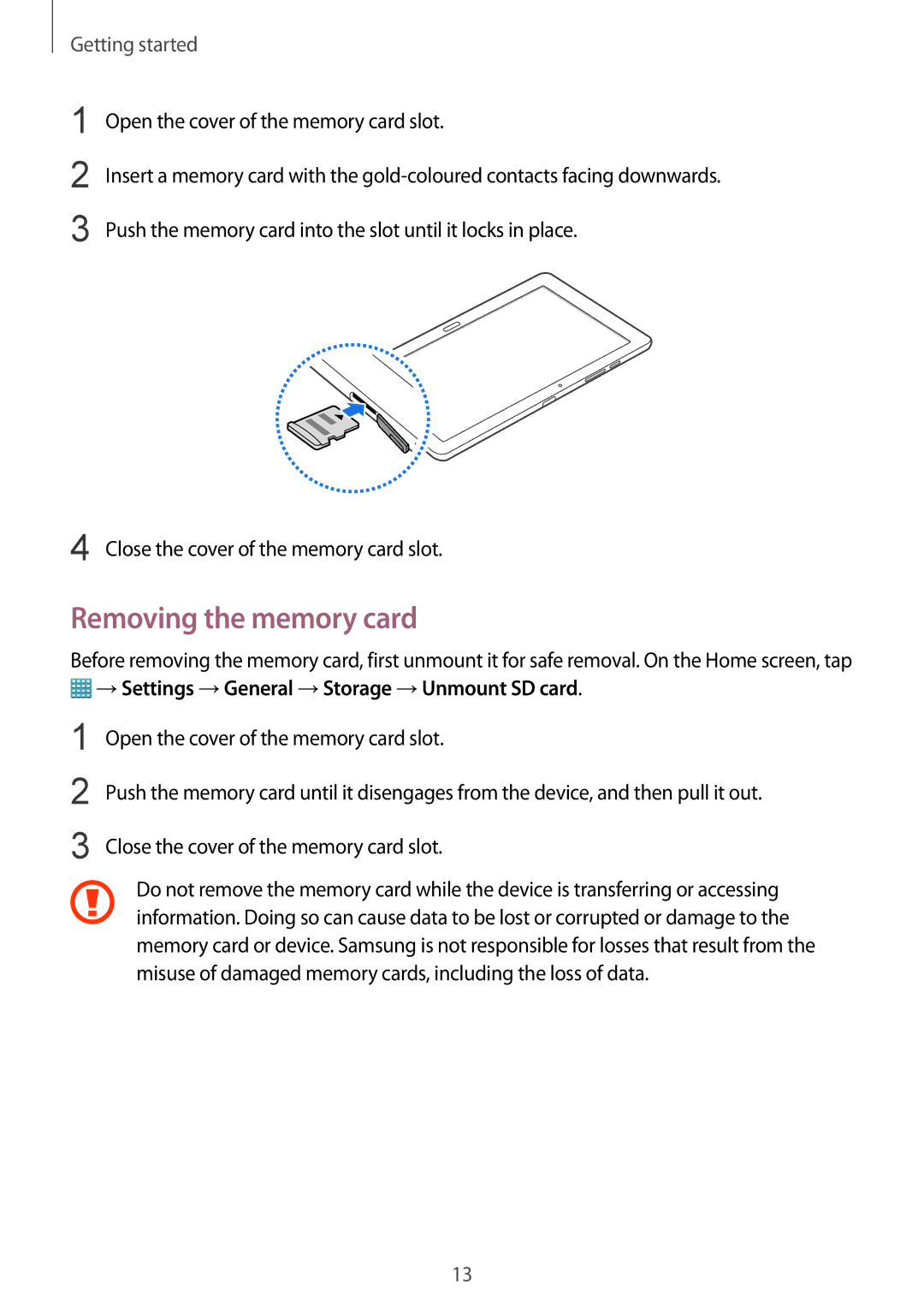 Samsung SM-T9000ZWAILO, SM-T9000ZKAILO manual Removing the memory card, →Settings →General →Storage →Unmount SD card 