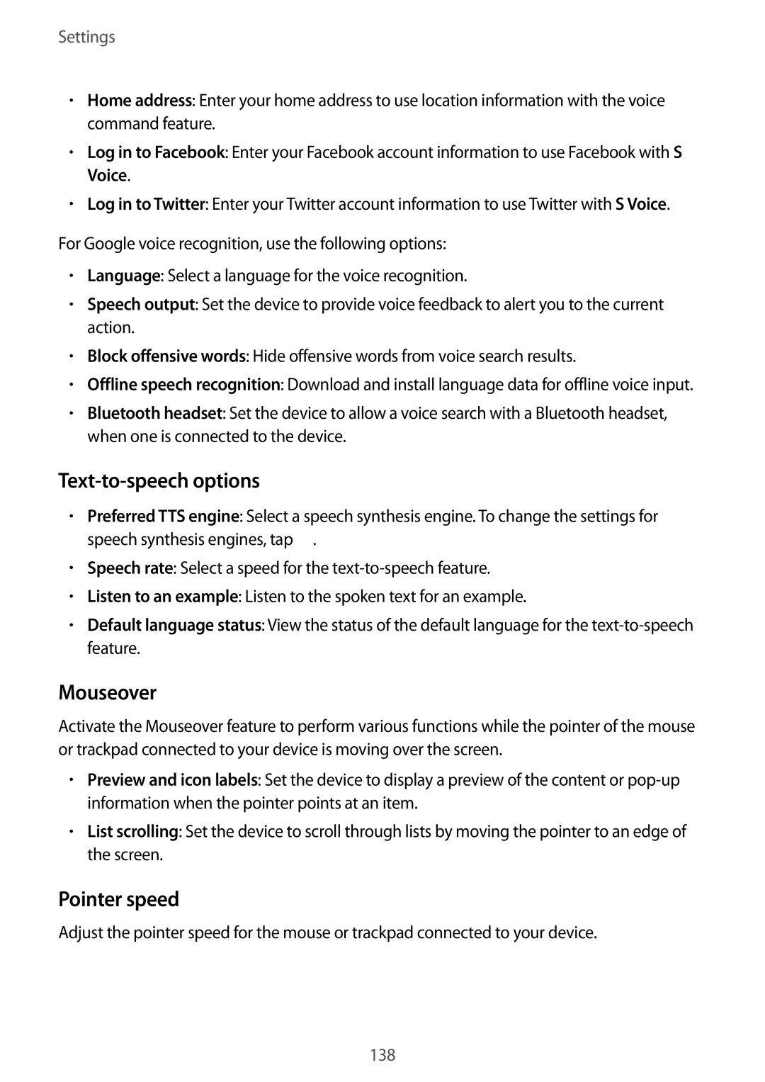 Samsung SM-T9000ZKAILO, SM-T9000ZWAILO manual Text-to-speech options, Mouseover, Pointer speed 