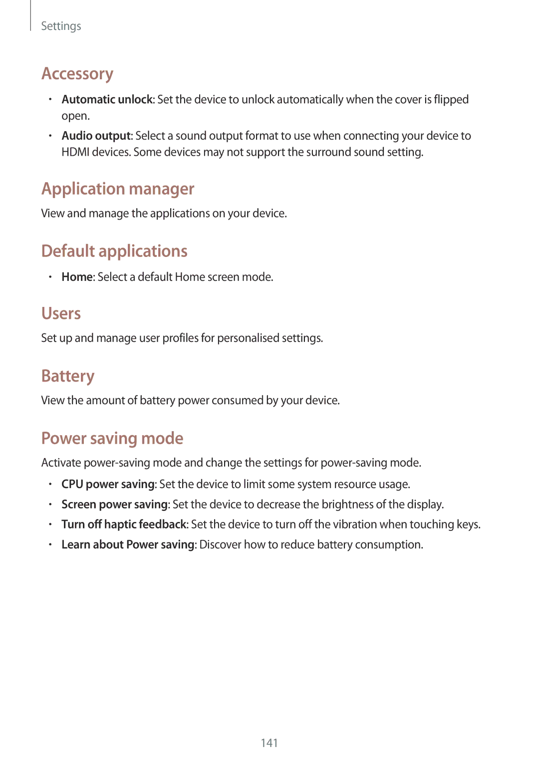 Samsung SM-T9000ZWAILO manual Accessory, Application manager, Default applications, Users, Battery, Power saving mode 