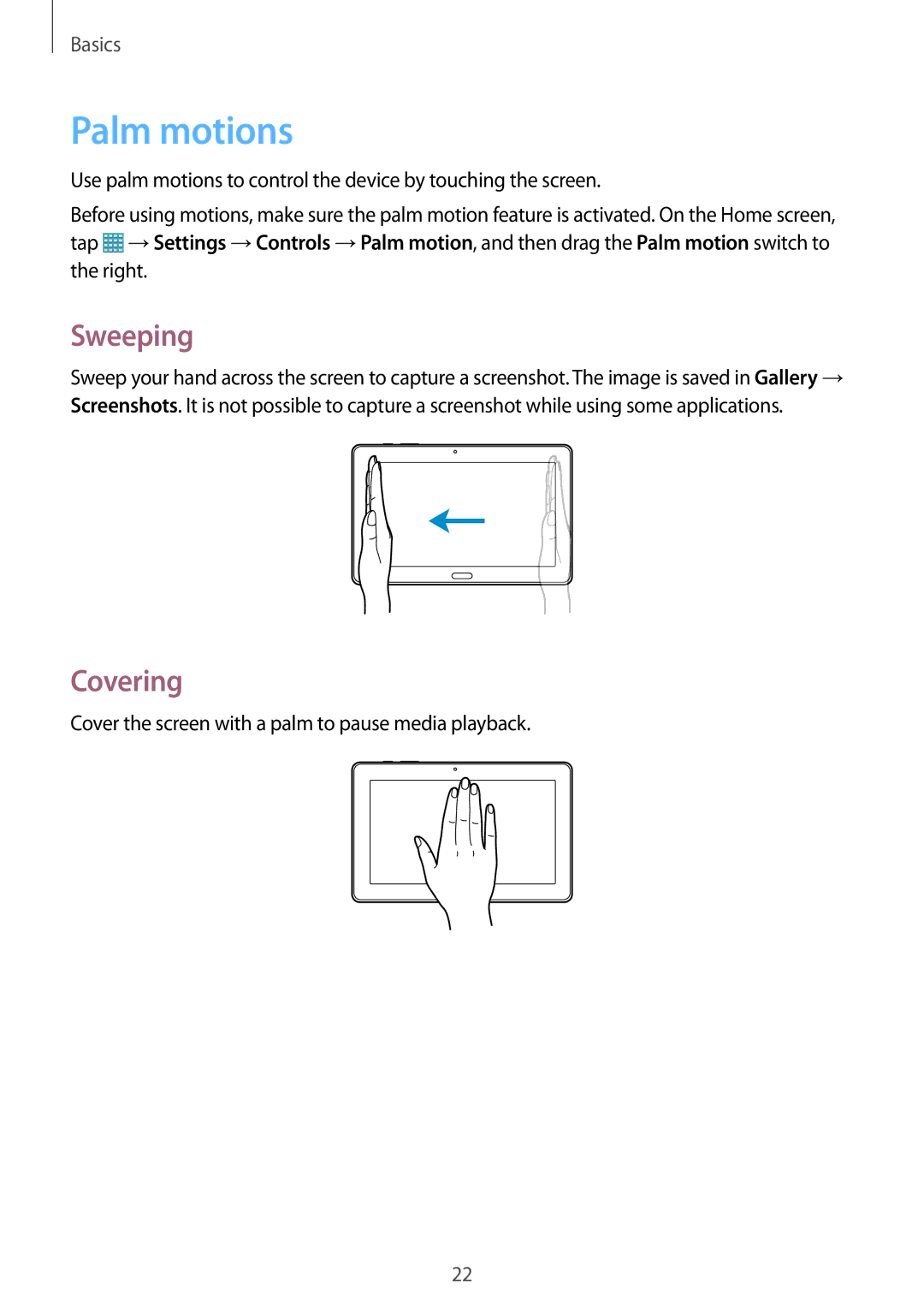 Samsung SM-T9000ZKAILO, SM-T9000ZWAILO manual Palm motions, Sweeping, Covering 