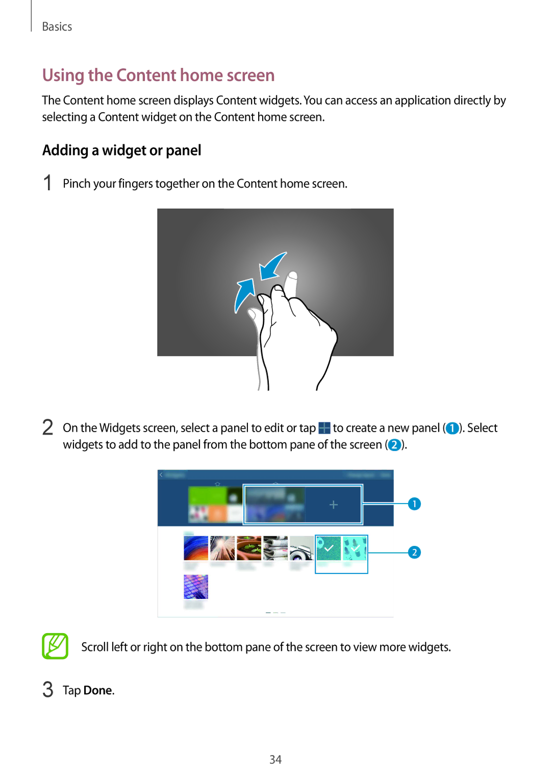 Samsung SM-T9000ZKAILO, SM-T9000ZWAILO manual Using the Content home screen, Adding a widget or panel 