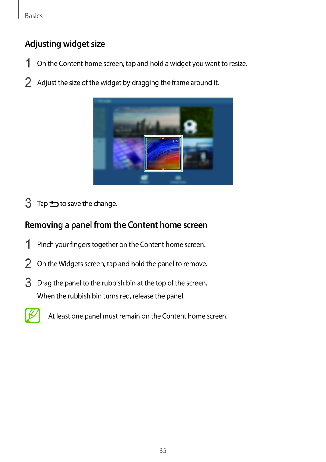 Samsung SM-T9000ZWAILO, SM-T9000ZKAILO manual Adjusting widget size, Removing a panel from the Content home screen 