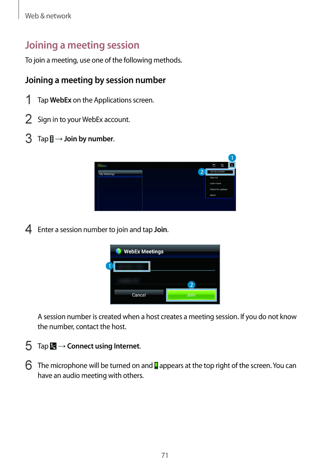 Samsung SM-T9000ZWAILO, SM-T9000ZKAILO Joining a meeting session, Joining a meeting by session number, Tap →Join by number 