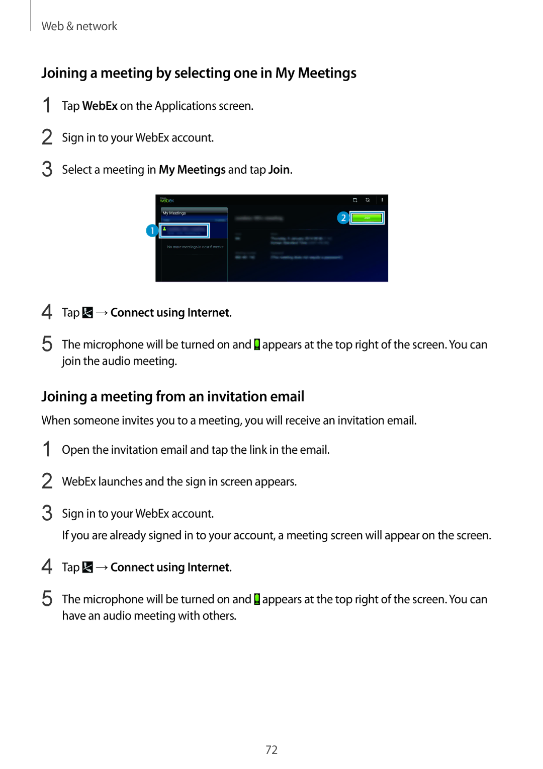 Samsung SM-T9000ZKAILO manual Joining a meeting by selecting one in My Meetings, Joining a meeting from an invitation email 