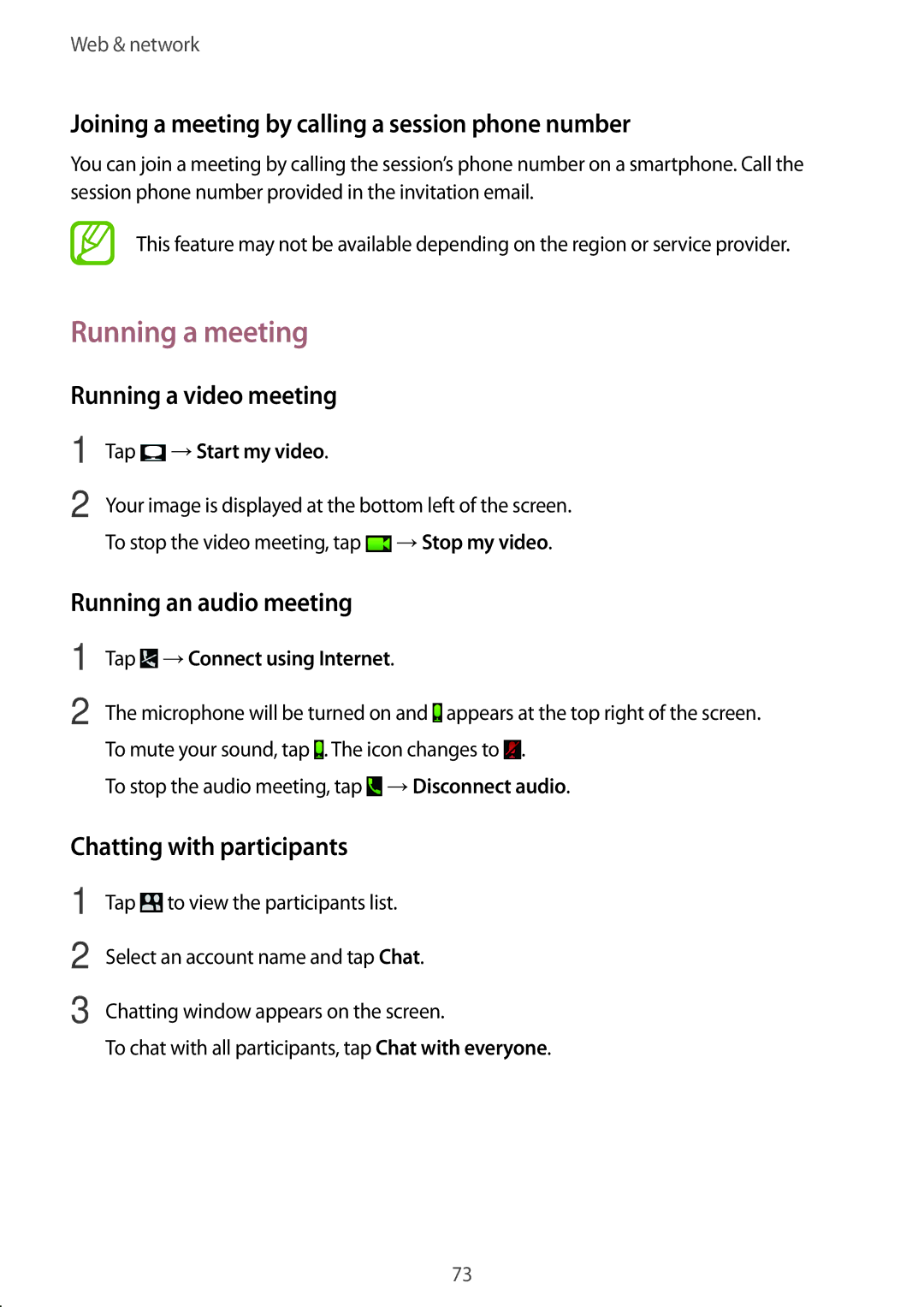 Samsung SM-T9000ZWAILO Running a meeting, Joining a meeting by calling a session phone number, Running a video meeting 